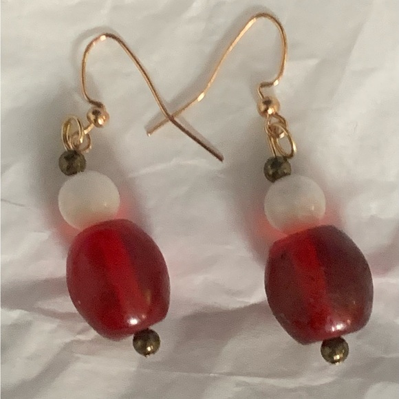 Vintage red glass beads, moonstone beads & brass spacers on fish hook wires 2” - Picture 2 of 2